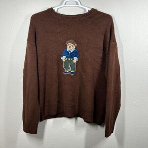 Manfinity Teddy Bear Embroidered Sweater Mens XL Brown Acrylic Knit